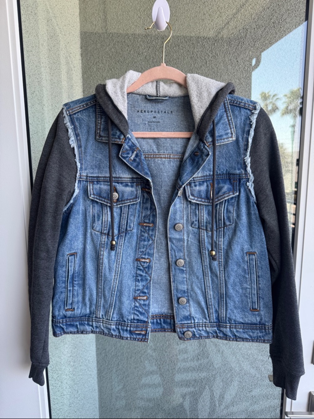 Aeropostale Two-Tone Denim Jacket with Hood - Blue & Charcoal